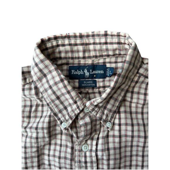 Men’s Ralph Lauren Blaire Green Tan Red Plaid Long Sleeve Cotton Polo Size L - Picture 3 of 5